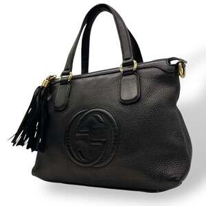 GUCCI Soho Interlocking G Leather Handbag, Black with Gold Hardware, Women's, U4